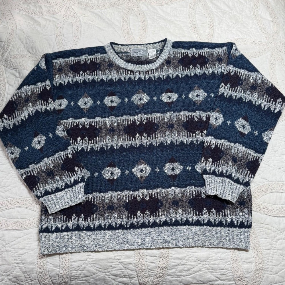 Vintage Method Mens Large Sweater Blue Grandpacore Geometric Fair Isle Acrylic